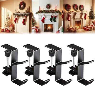 Fireplace Stocking and Garland Hanger - 2 in 1 Heavy Duty Adjustable Mantle Hanger With Dual Hooks Design - Christmas Stocking Holder for Mantle Black, Set of 4
