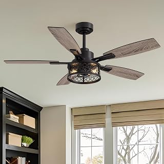 SNZ 52 Inch Farmhouse Ceiling Fans with Lights, Black Ceiling Fan Remote & APP Control, 5 Blades, Reversible DC Motor for Bedroom Living Room