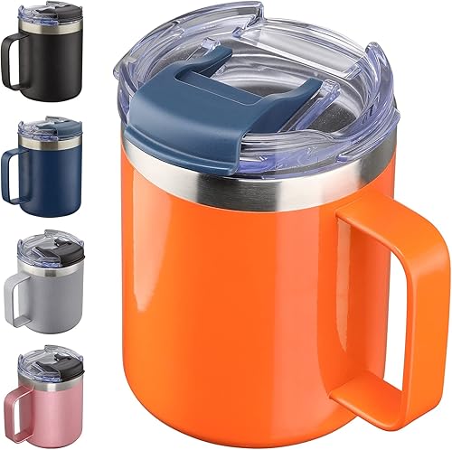 ALOUFEA Taza de café aislada de 12 onzas con asa, taza de café de viaje de acero inoxidable con tapa abatible, vaso de café al vacío de doble pared,