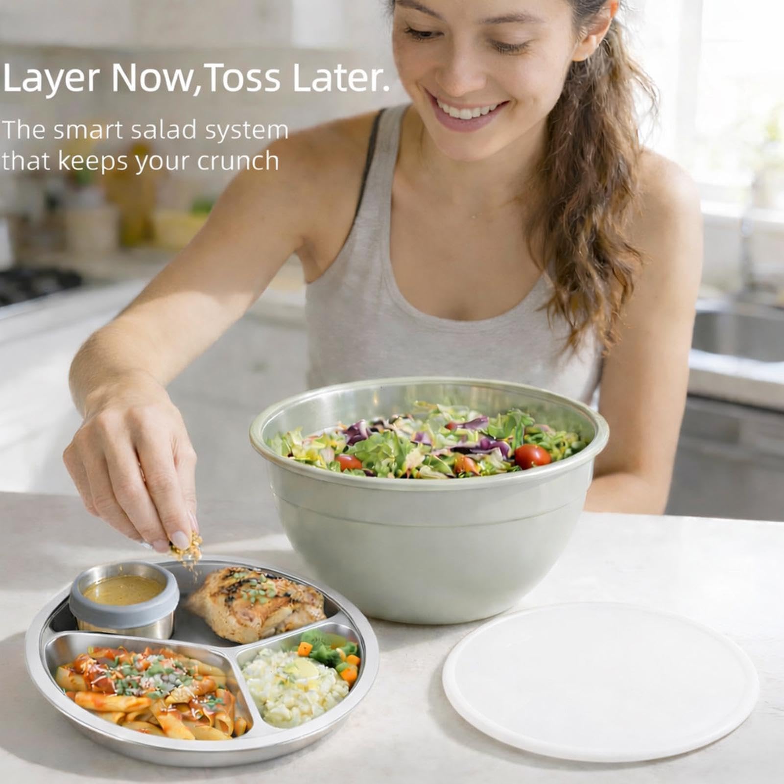Salatschüssel-Set, Edelstahl-Rührschüssel mit Deckel und abnehmbarem Tablett, für Zuhause, Küche, Esszimmer, Mahlzeitvorbereitung, Picknicks im Freien, Partys, inklusive Kanister