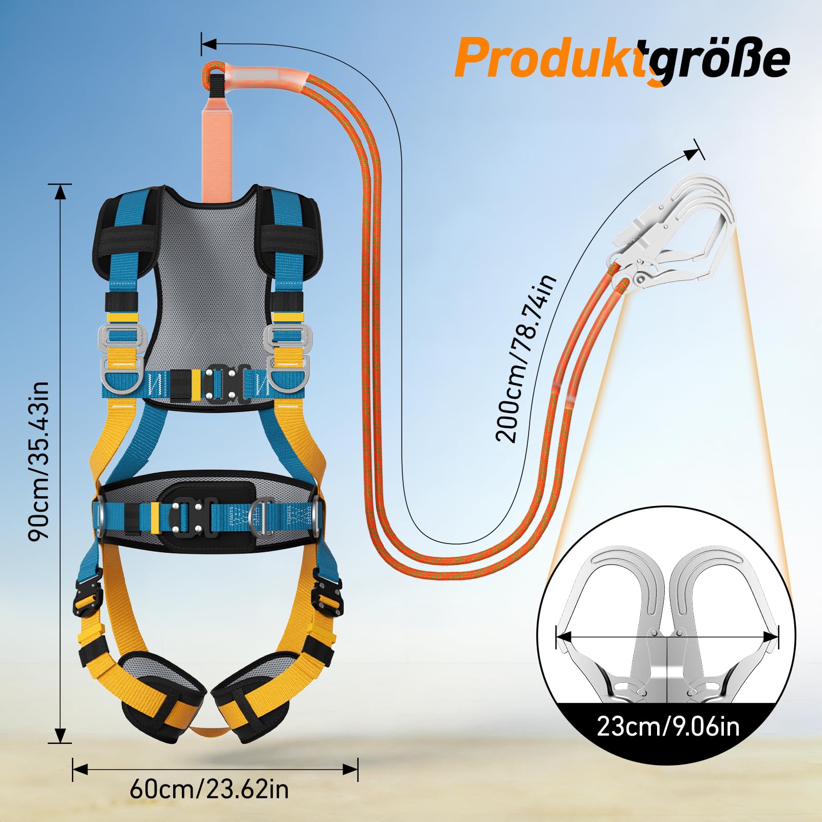 Cinturón de protección contra caídas de cuerpo completo con soporte lumbar reforzado para trabajos de altura, limpieza de paredes exteriores y obras según sistema de retención y recogida