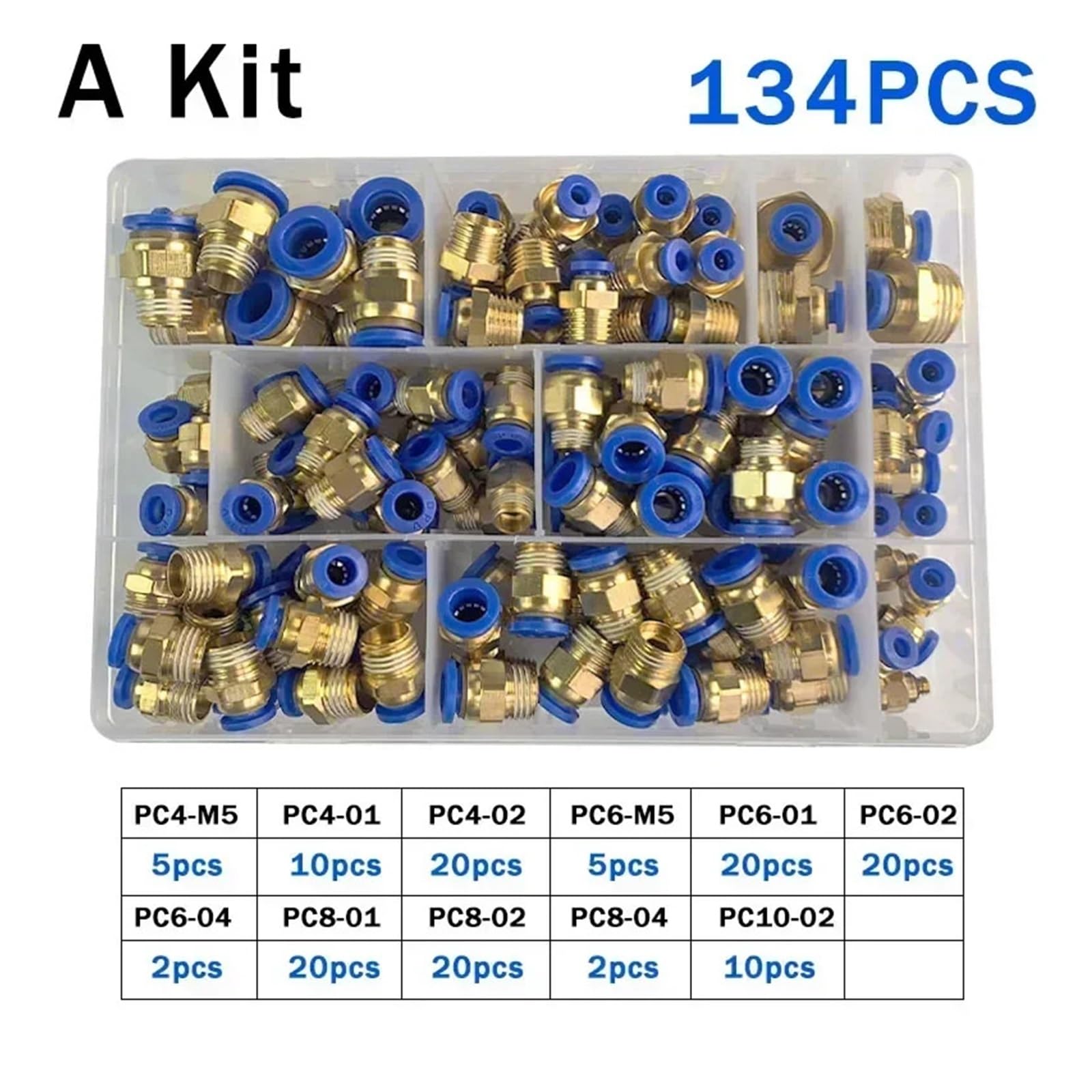 Luftgelenkverbinder, 4 mm, 6 mm, 8 mm, 10 mm, 12 mm, Schlauch, pneumatische Armaturen, 1/4 1/8 Zoll (1/4 Zoll), Schnellspannkupplungen (ein Set (134 Stück), 1 Box)