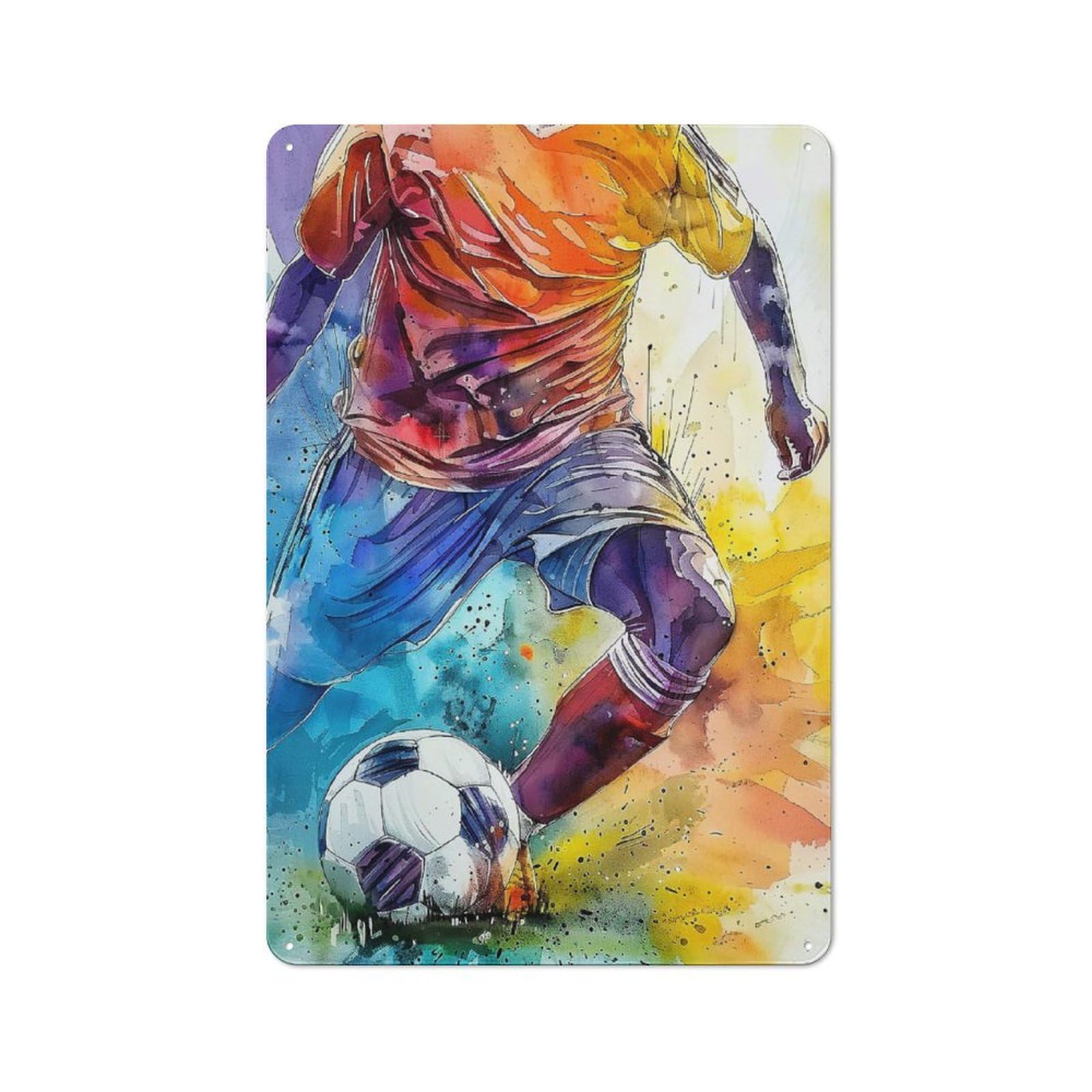 Junmoney Soccer Player Watercolor Rustic Metal Sign 30X20cm For Café Or Restaurant, Suited To Café Owners And Decorators