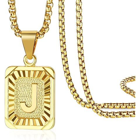 Initial Letter Pendant Necklace for Men Women Square Pendant Capital Monogram Neckl...