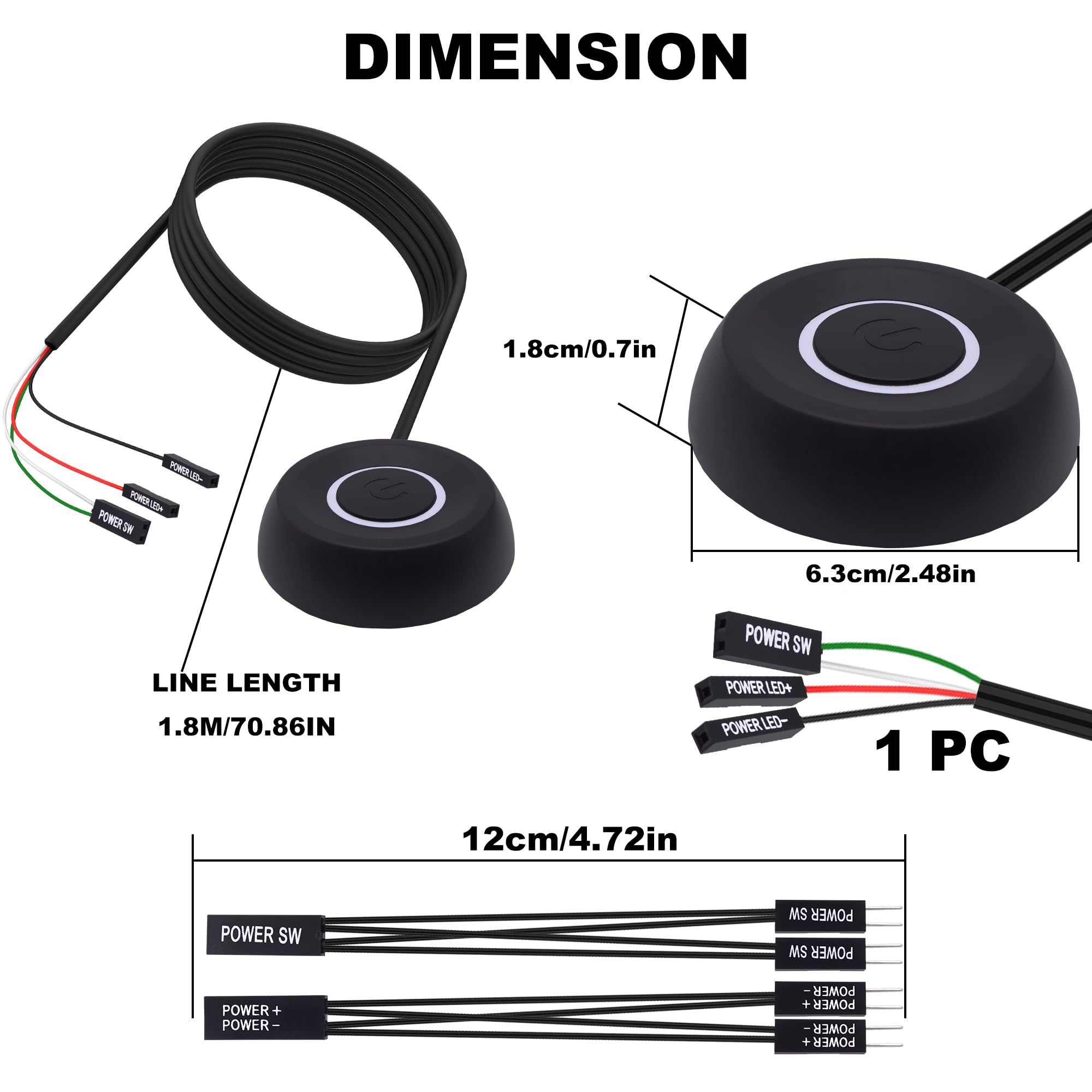 YARCHONN PC Power Button Switch Desktop Computer Power Switch External Computer Motherboard Remote Start Button Extension Cord with LED Light -1.8M /5.9FT Black