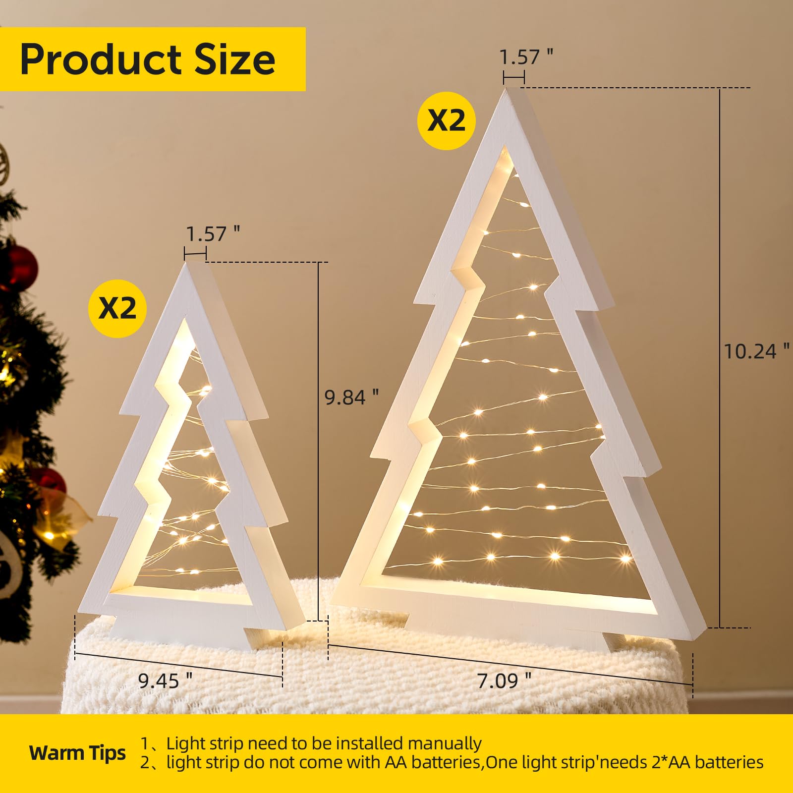 Lot de 4 sapins de Noël en bois avec lumières - Compartiment à piles caché - Arbres de Noël lumineux en bois pour les vacances, les fêtes d'hiver, le bureau, la cheminée de la maison (blanc)