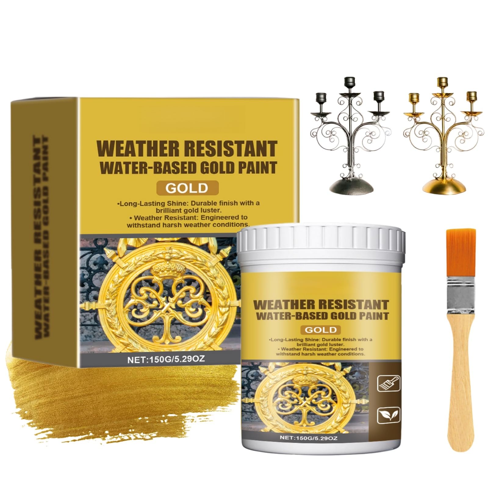 XIAGER 150g Weather Resistant Water-Based Gold Paint,Gold Paint for Furniture & Metal,Antique Metallic Golds Paints for Wood,Metal,Stone,Plaster,Quick Drying High Gloss Paints with Brush