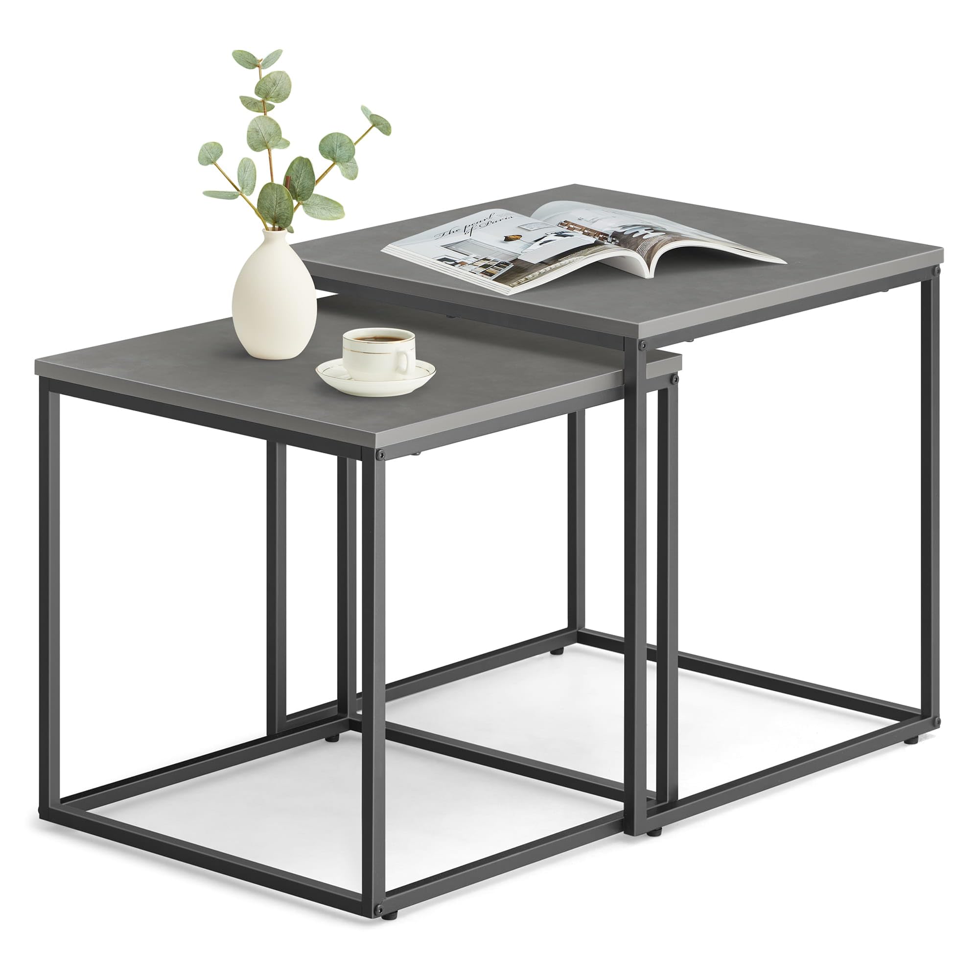 Home Collective Lot de 2 tables basses carrées Loft Design 2 en 1 - Surface résistante aux rayures - Salon - 50 cm et 45 cm de large - Gris ciment avec pieds noirs