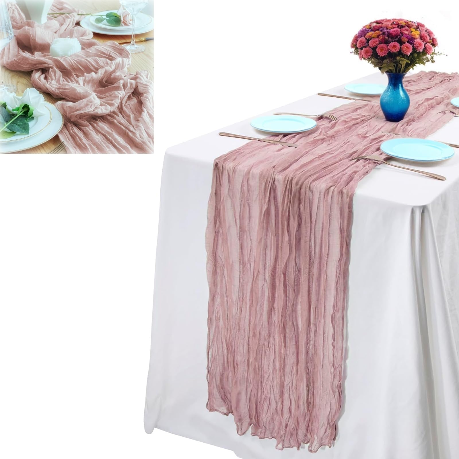 Duomama Dusty Pink Cheesecloth Table Runner - 10ft Boho Gauze for Baby Shower, Wedding, Easter, Summer Décor - Rustic Chic Tablecloth in Soft Pink - Elegant Party Decoration and Photo Backdrop
