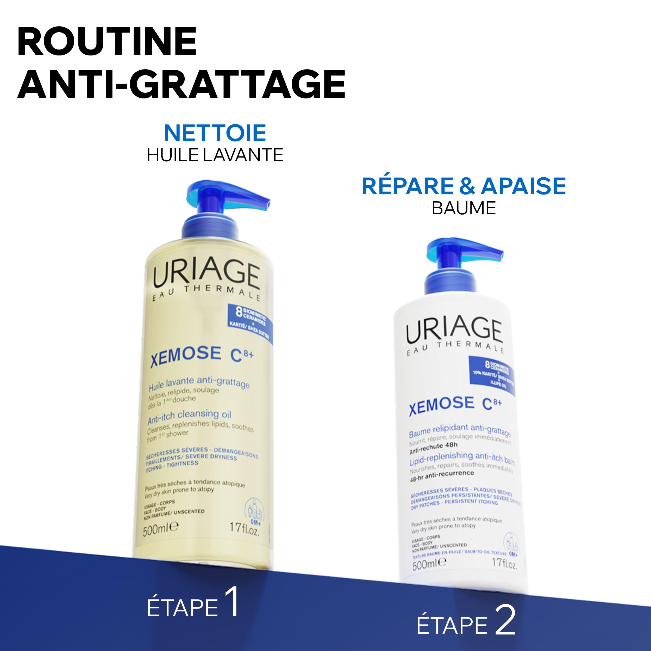 Uriage Xemose Huile Lavante peau sèche à tendance atopique I Nettoie et apaise les démangeaisons. Gel-en-Huile moussant, nourrissant I Visage & Corps I Non parfumée, Sans savon I pH physiologique