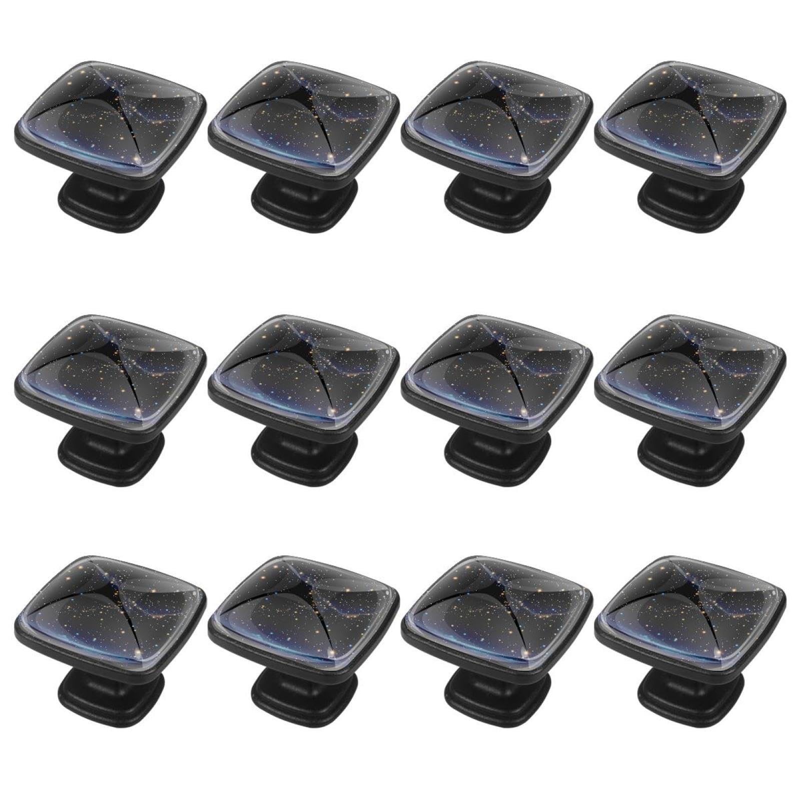 IROLSKDNFH 12 Pieces Glitter Night Galaxy Sky Constellation Glass Knobs for Dresser Drawers, 1.37 x 1.10 in Square Kitchen Cabinet Pulls for Home Office Nursery Kids Room