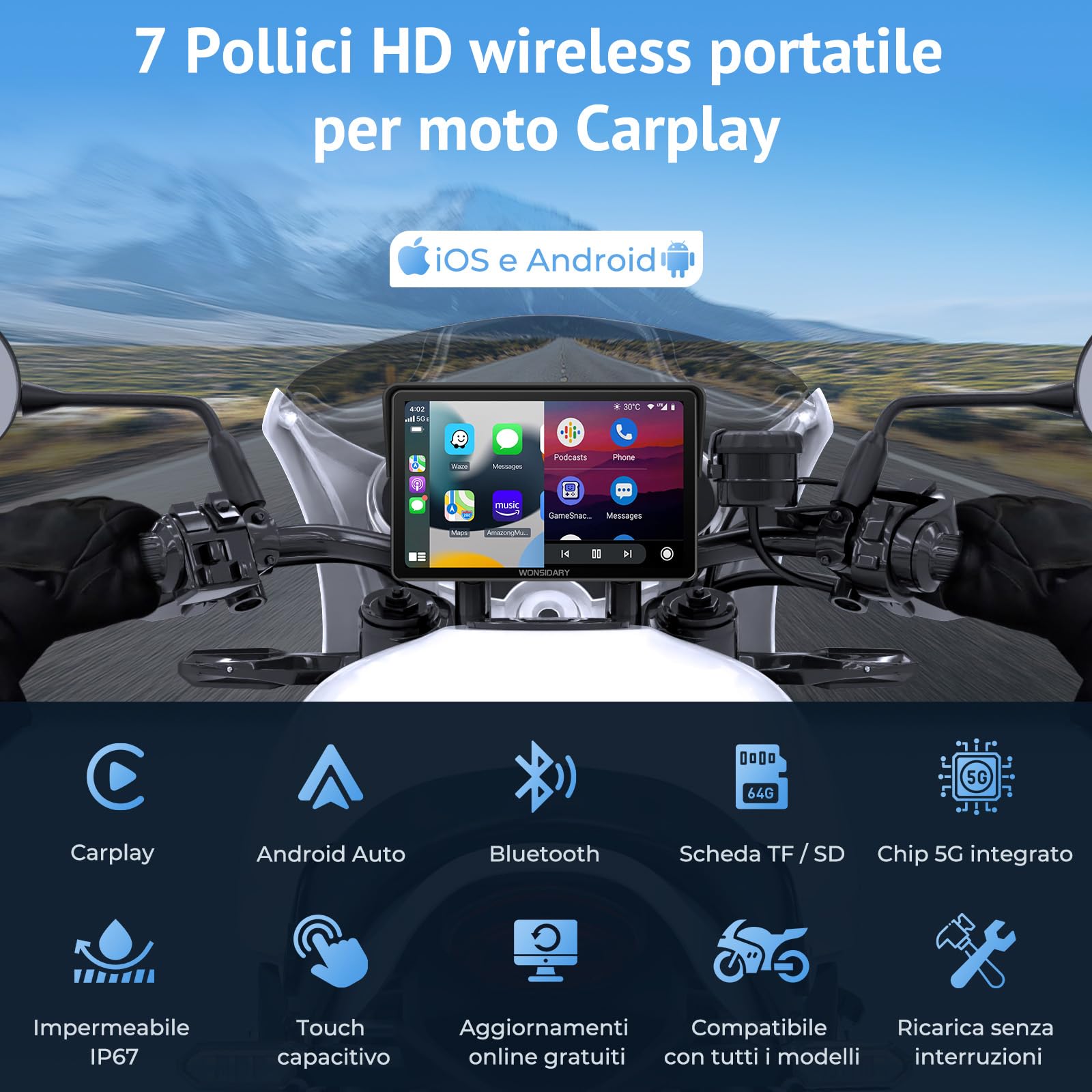 Senza Fili Schermo Carplay Per Moto,Navigatore Moto da 7 Pollici per CarPlay e Android Auto,Navigatore GPS Impermeabile IP67 con Sensore di Luce,Doppio Bluetooth,Siri/Assistente G00gle,EQ