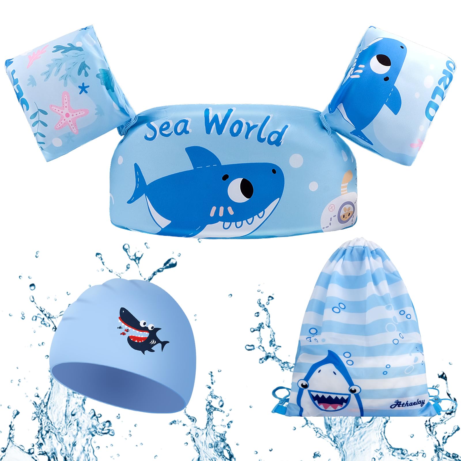 WuGU Chaleco Flotante Natación para Niños, Chaleco Flotador de Natación Niños, Manguitos de Natación Infantil con Gorro de Natación, Chaleco de Natación para Niños Niñas 2-6 Años(14-25kg)
