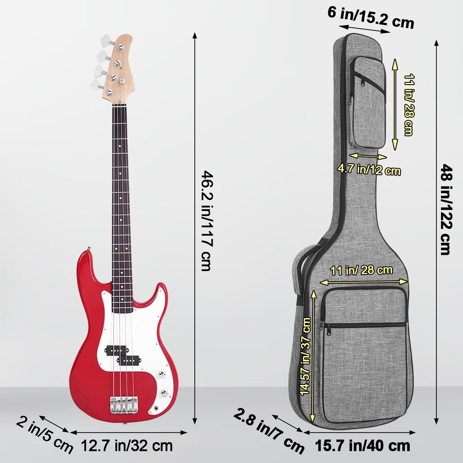 Gigbag für E-Bass, 11 mm Polsterung, 11 mm, Tasche für E-Bass, Bassgitarre, Rucksack mit Umhängeband und 4 Taschen, Grau