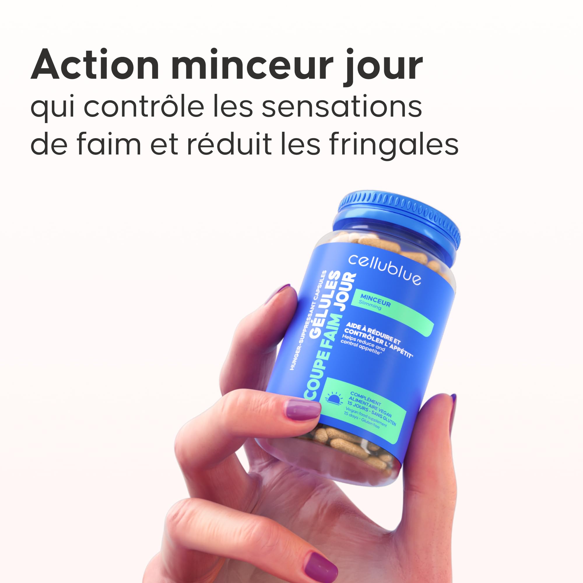 Gélules Coupe-Faim Naturelles Cellublue - Prolonge la sensation de satiété - Réduit l’Appétit & les Fringales - Caroube & Fucus - Vegan, Sans Gluten & Lactose - Complément Alimentaire Perte de Poids