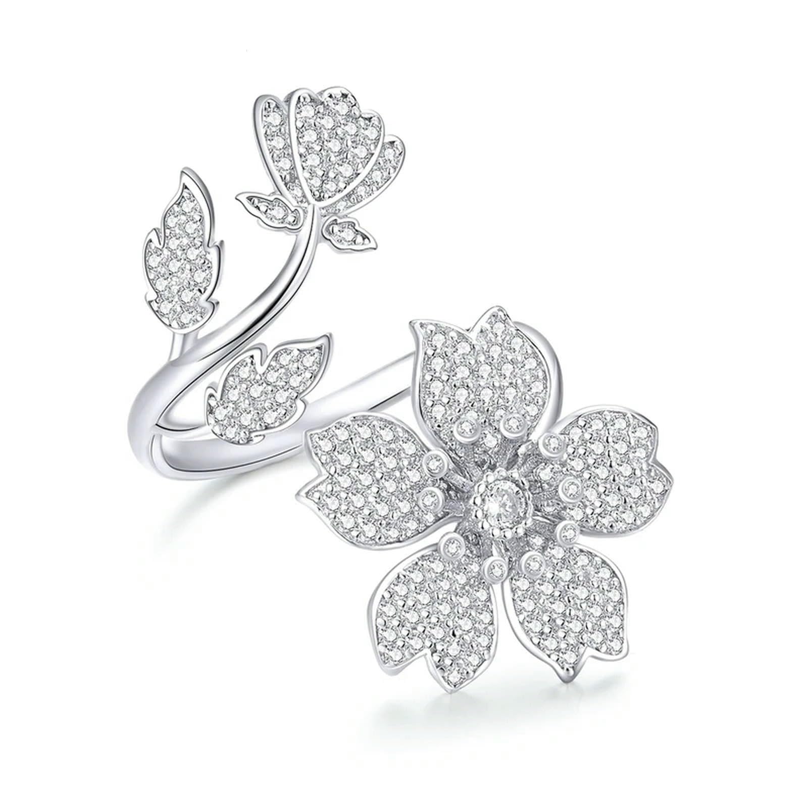 Anillo De Plata De Ley 925 Con Apertura De Sakura Y Flores, Ajustable, Para Mujer, Joyería Fina De Circonita
