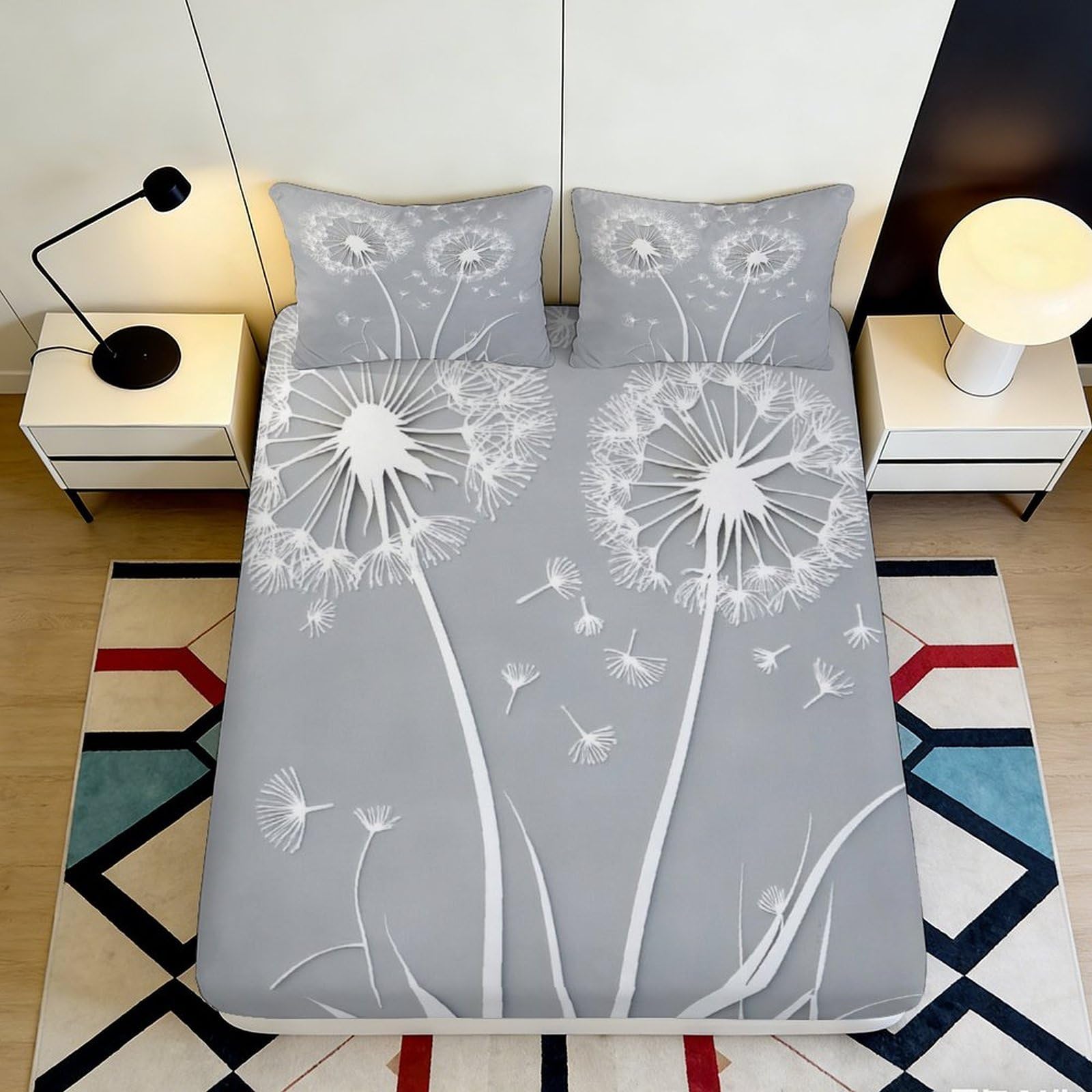 3D Printed Dandelion Blossom Fitted Sheet Microfiber Grey Bedroom Bed Cover Soft Non-slip Mattress Protection 90x200x25cm
