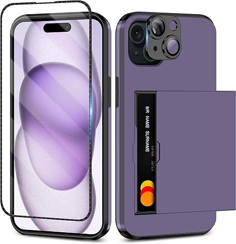 SAMONPOW Funda tipo cartera 4 en 1 para iPhone 15 con protector de pantalla y funda para cámara, funda híbrida de cuerpo completo para iPhone 15 con