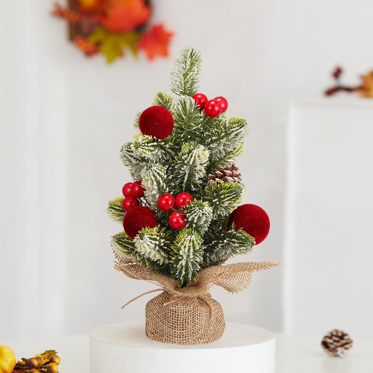 Burlap Small Christmas Tree Decor with Lights - Mini Tabletop Artificial Tree Centerpiece for Indoor Home Office Desk Holiday Decorations(Red Ornament)