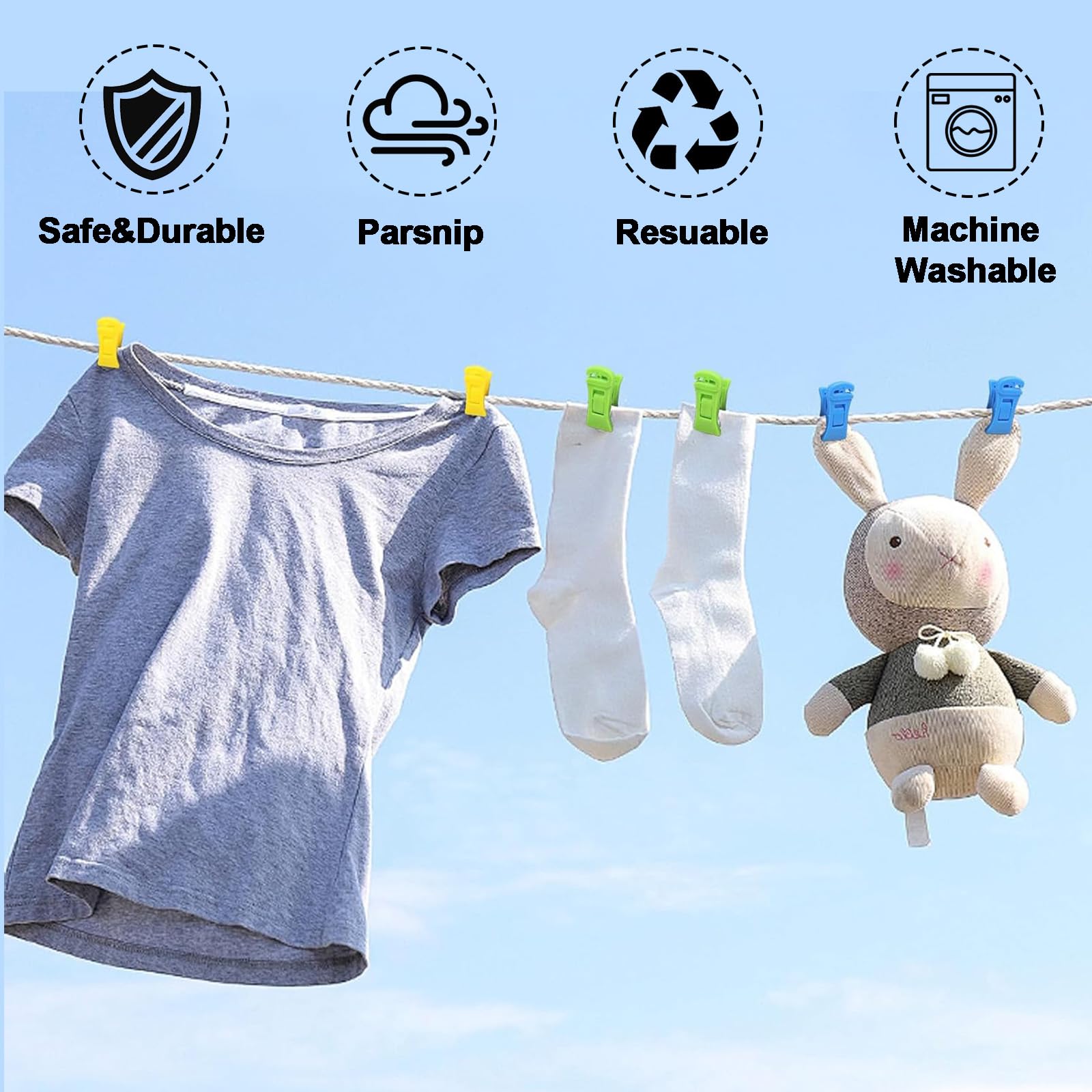 Set di 100 mollette per calze colorate per lavatrice e asciugatrice, con 1 custodia, clip antiscivolo per calzini con gancio, supporto per calze, organizer per lavare i calzini