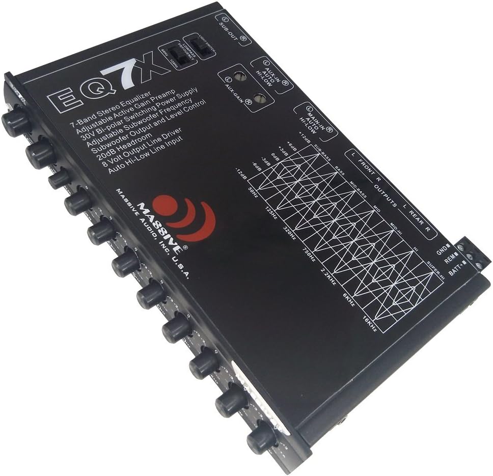 Massive Audio EQ7X | 7-Band Car Audio Equalizer with 8V Line Driver, Subwoofer Control & Adjustable Fader - in-Dash EQ for Studio-Quality Sound