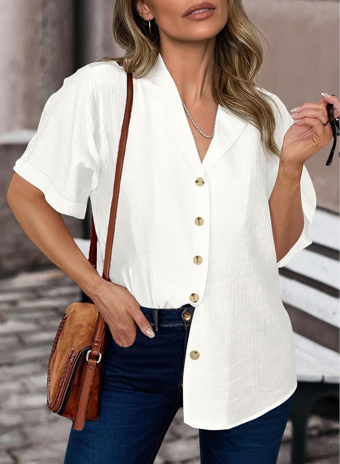 Dokotoo Women's Dressy Casual V Neck Short Sleeve Button Down Shirts Relaxed Work Business Loose Blouses Tops - Image 3
