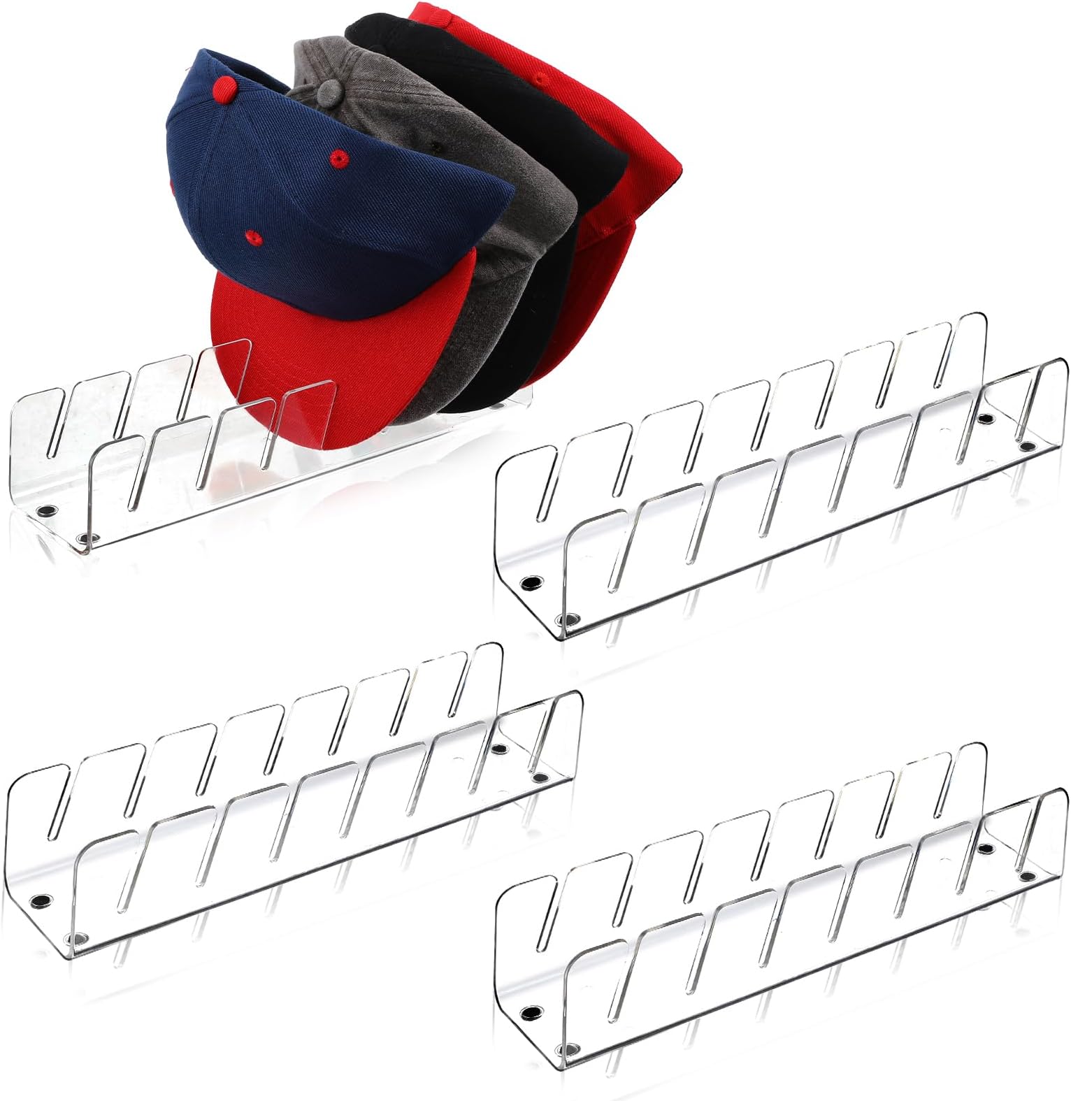 4 Pack Acrylic Hat Display Rack for Baseball Caps, No Install Baseball Cap Organizer for 28 Ball Caps, Clear Hats Stand Shelf Hat Holder for Closet, Bedroom, Office