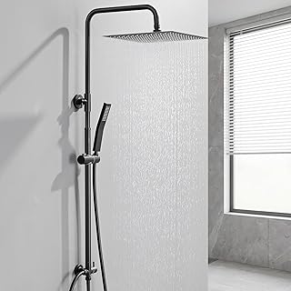 Auralum Regendusche ohne Armatur, Duschgarnitur Schwarz, Duschsystem Edelstahl mit Regendusche Duschkopf 30cmx30cm eckig, Messing-Wasserteiler, Höhenverstellbar Duschstange, Duschset für Badezimmer