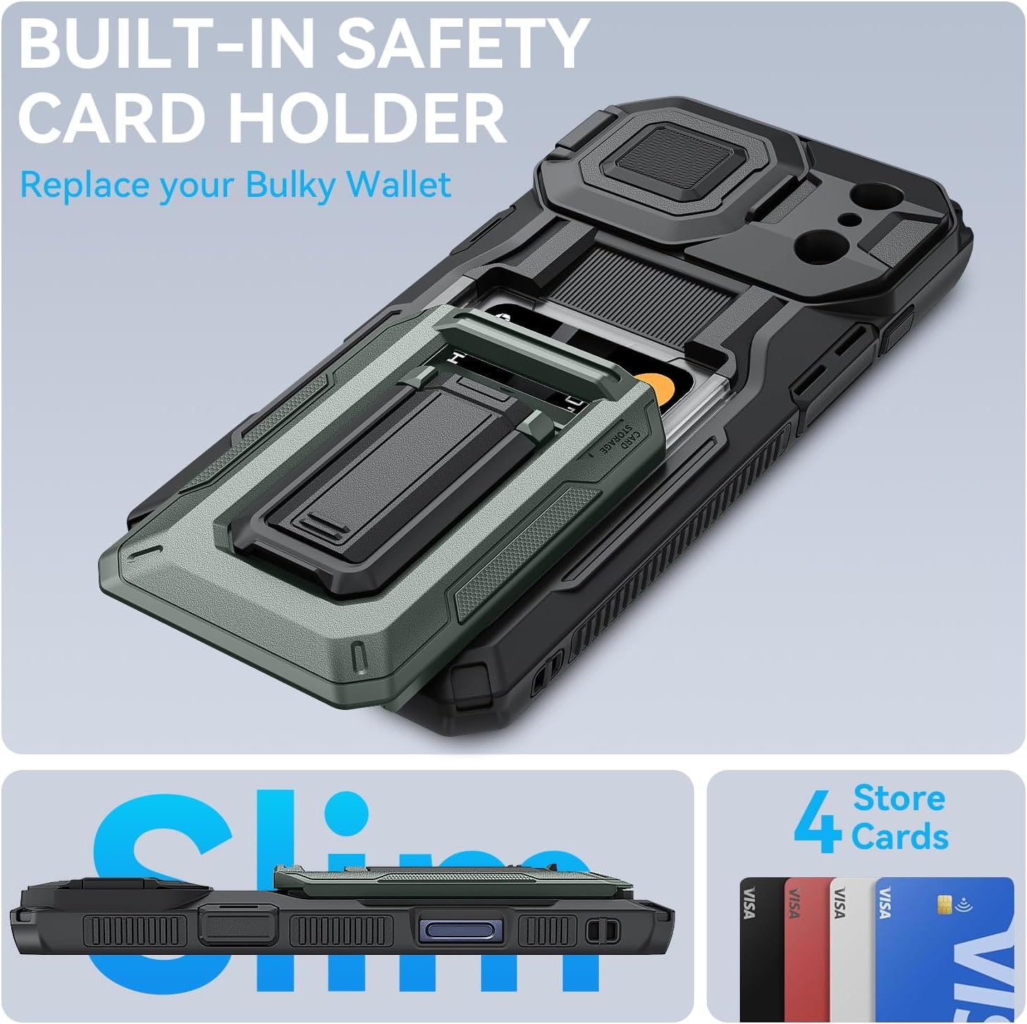 for iPhone 17 Pro Max Case with Semi-Automatic Card Slot (3-4 Cards) RFID Blocking & Kickstand & Camera Lens Cover & Wallet, Heavy Duty Rugged Phone Case (Green)