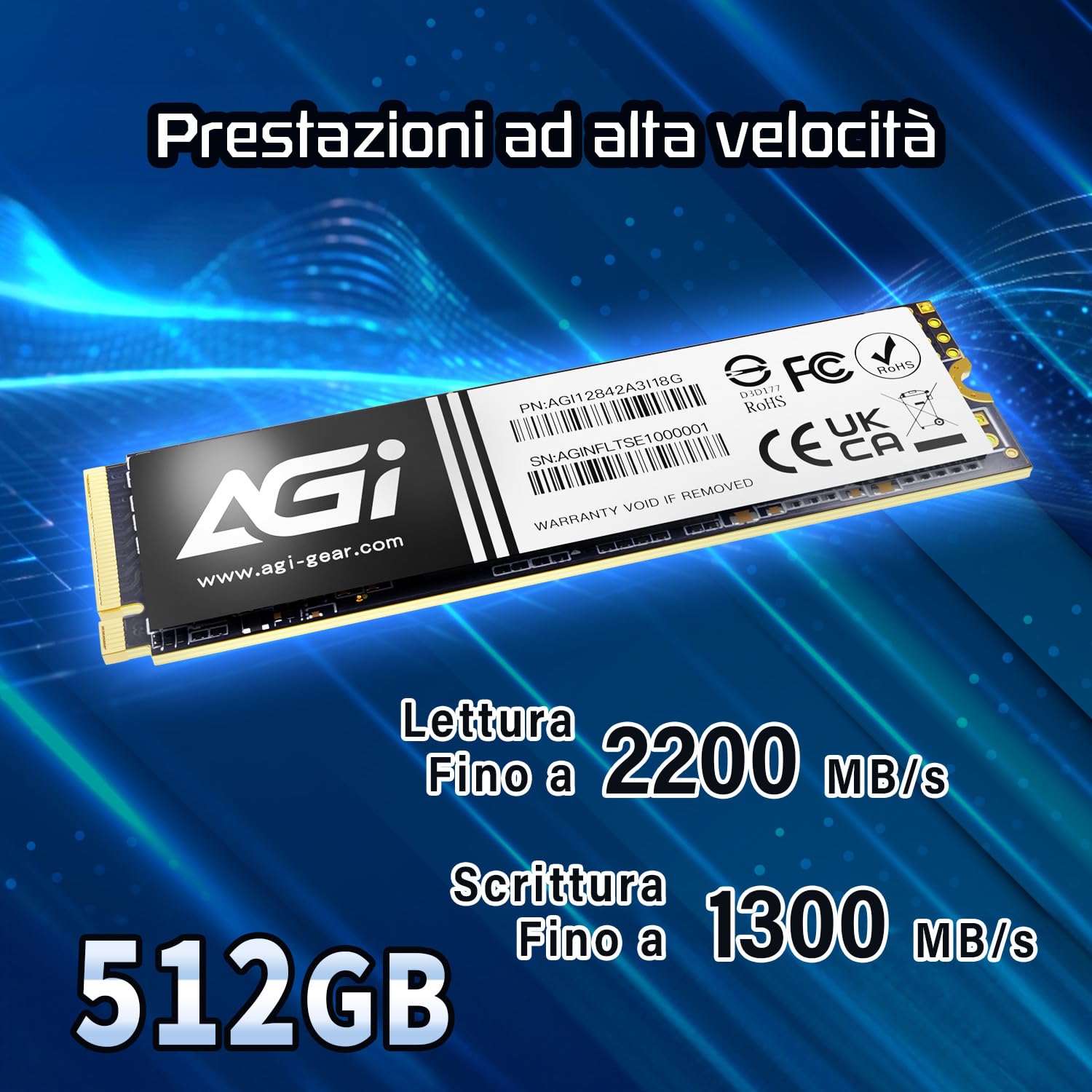 AGI AI298 512GB SSD Interno M.2 NVMe PCIe Gen3x4 2280 per PC Laptop | Velocità di lettura 2200MB/s, Supporto 3D NAND e SLC Cache. Compatibile con laptop e desktop computer