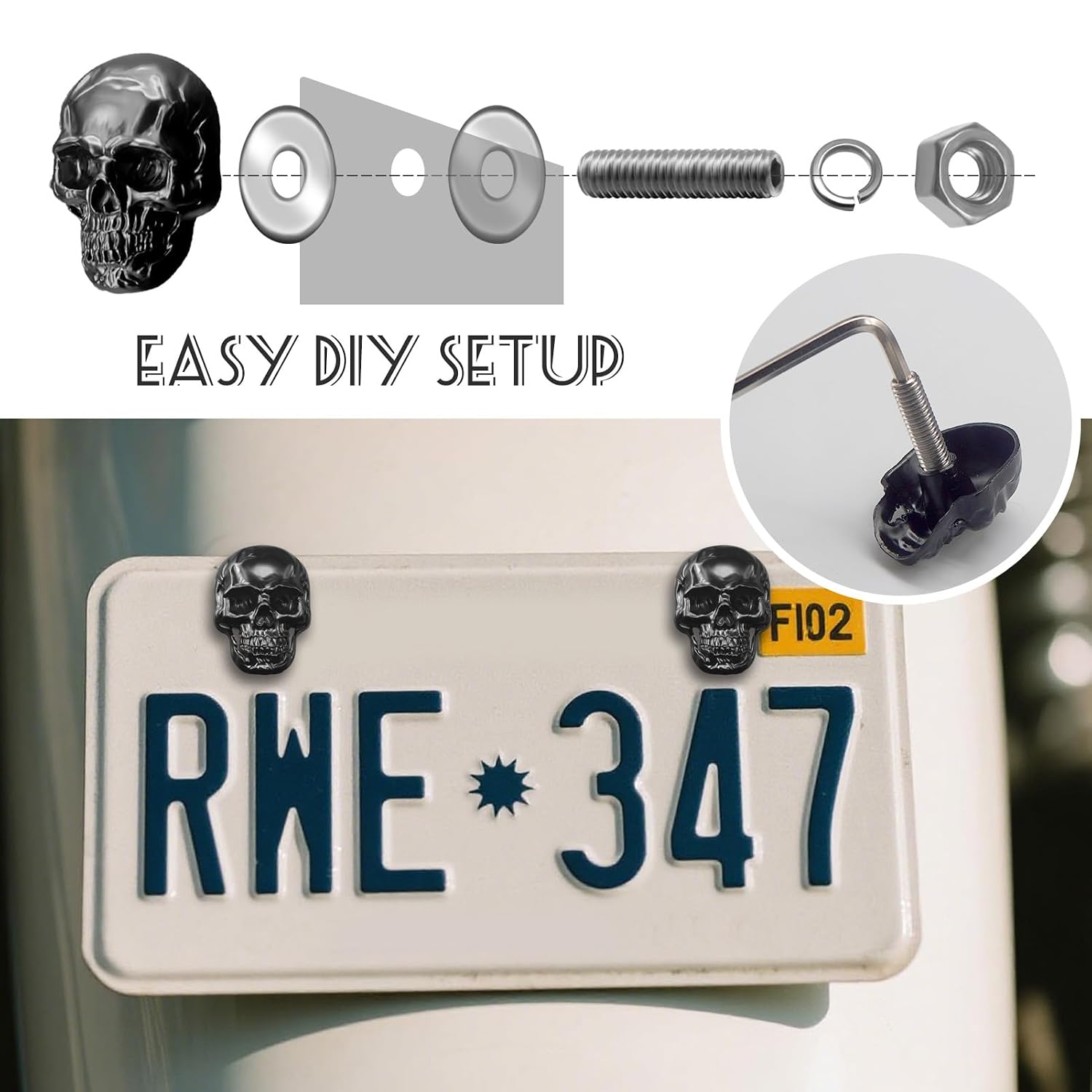 8 PCS Skull License Screws Skeleton Frame Plate Bolt Gothic Skulls Decor for Car, Motorcycle, Truck, Vehicle (Black)