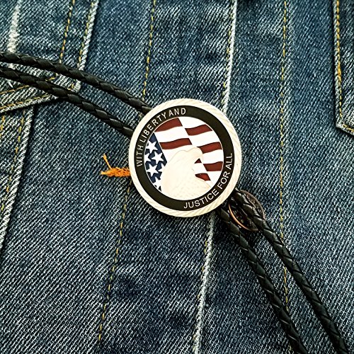 SELOVO Genuine Leather American Flag Eagle Bolo Tie Silver Tone Colored3