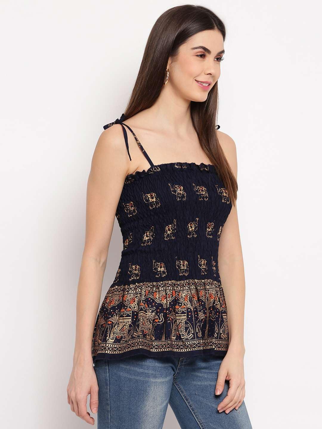 Myethnikart Women's Rayon Elephant Print Casual Summer Style Tie Shoulder Straps Free Size Tank Top (Navy Blue1 Gold Pattern)