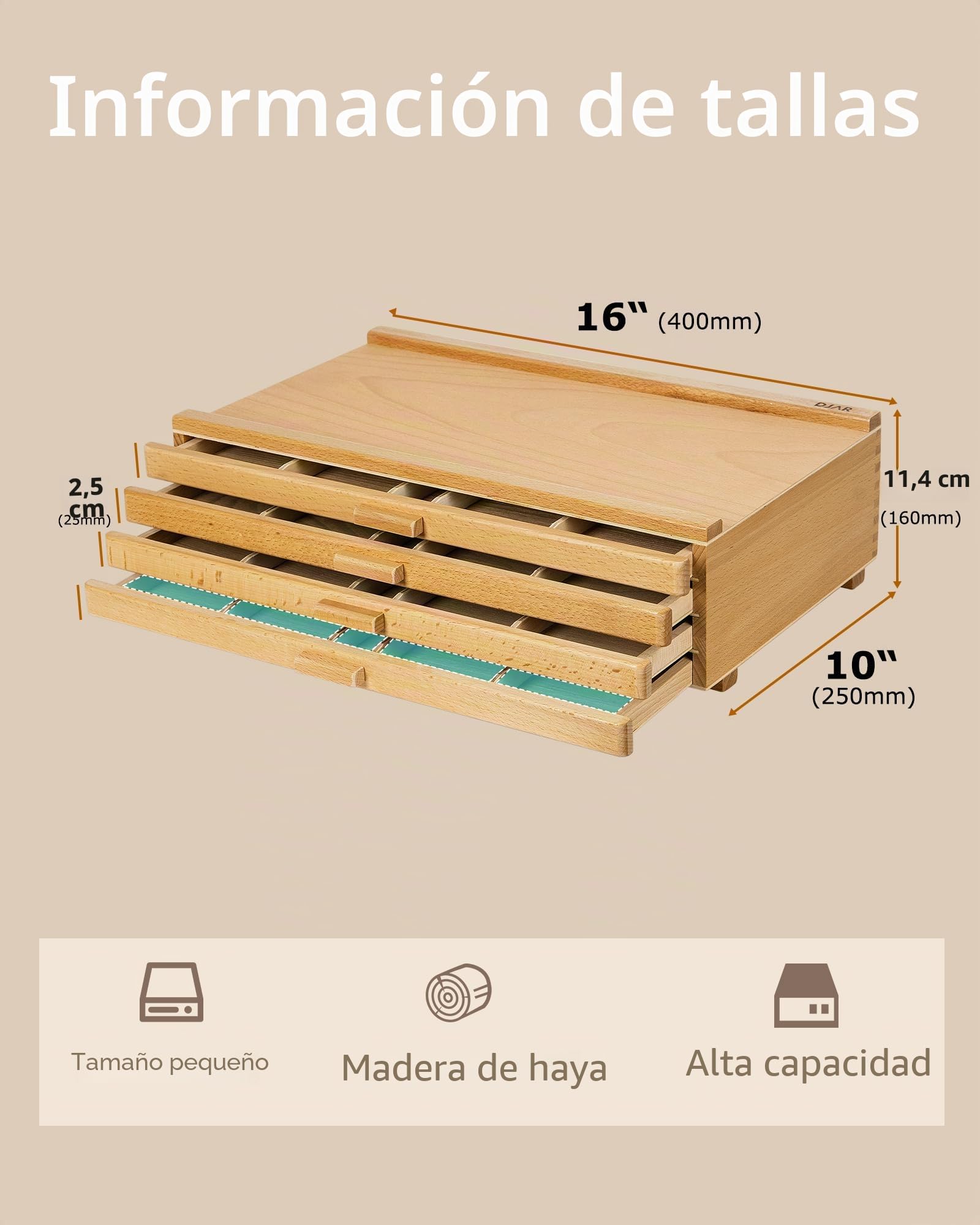 DJAR Caja de Almacenamiento de 4 Cajones para Arte, Organizador de Escritorio de Madera de Haya para Pasteles, Lápices, Pinceles, Cajones Extraíbles, Natural