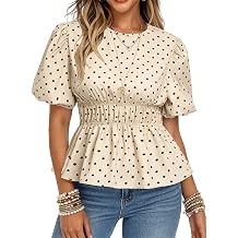 Oymyakon Womens Polka Dots Peplum Tops Puff Short Sleeve Round Neck Babydoll Top Pleated T Shirts Casual Blouses