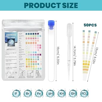 Drinking Water Ph Test Kit, 50 Strips 16 in 1 Home Quality Testing | Checks Lead, Manganese, Nitrate and Iron Levels for Taps, Pools and Routine Analysis, with Colour Chart for Visual Reading