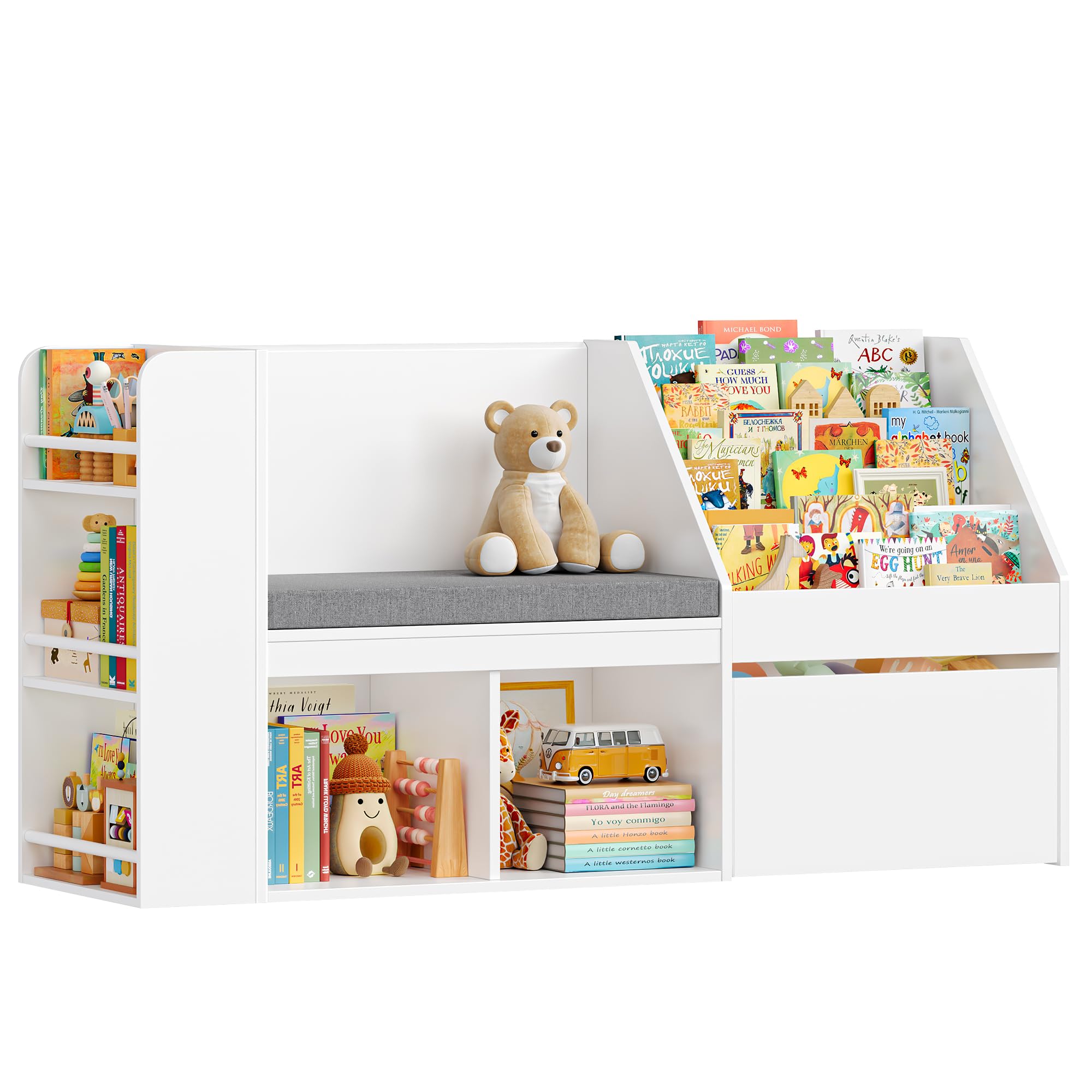 HOCSOK Kids Bookshelf, Toy Storage Unit with Reading Seat, 3-Tier Children's Bookcase & Side Bookshelf, Toy Organiser with 2 Storage Cubes, 1 Drawer with Wheels, Playroom, Living Room, Bedroom, White