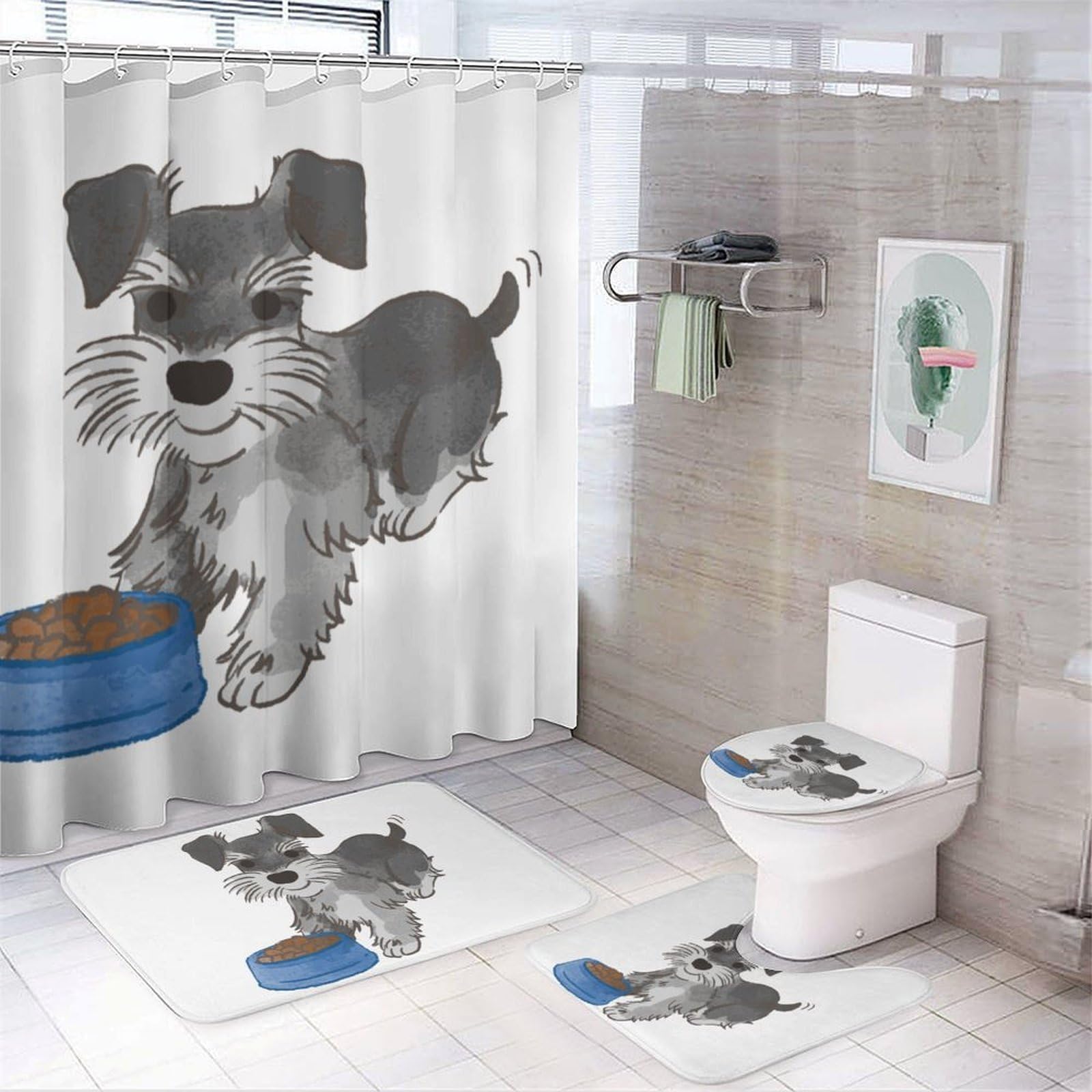 Wlntrophic Bathroom Mat Set 4 Piece, Schnauzer Dog Shower Curtain with Non-Slip Bath Mats for Bathroom