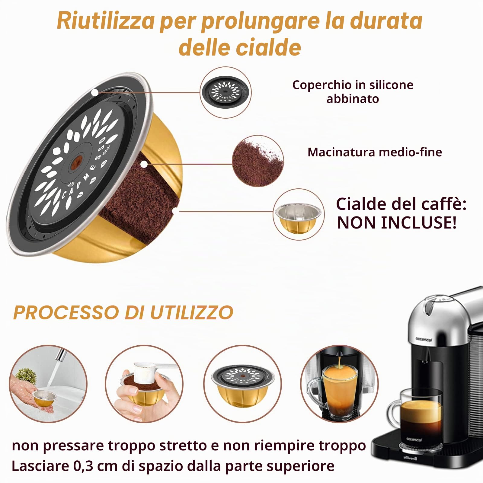 CAPMESSO capsule compatibili nespresso vertuo capsule di caffè riutilizzabili per riutilizzare le cialde Vertuoline, capsule Vertuo ricaricabili su tutte le macchine Ver (5 pezzi in silicone Caps)