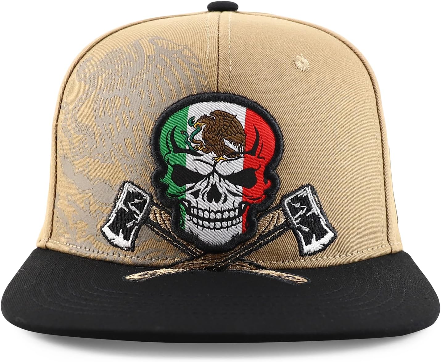 Trendy Apparel Shop Mexico Eagle Skull Head with Cross Axe Embroidered Snapback Cap - Image 2