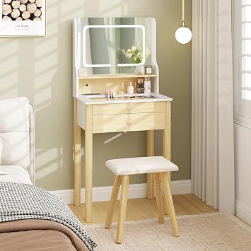 COSTWAY Small Dressing Table with LED Mirror and Stool, 60cm Compact Makeup Table Vanity Desk with Power Outlets, 3 Lighting Colors, Tempered Glass Top, Storage Shelf & 2 Drawers for Bedroom