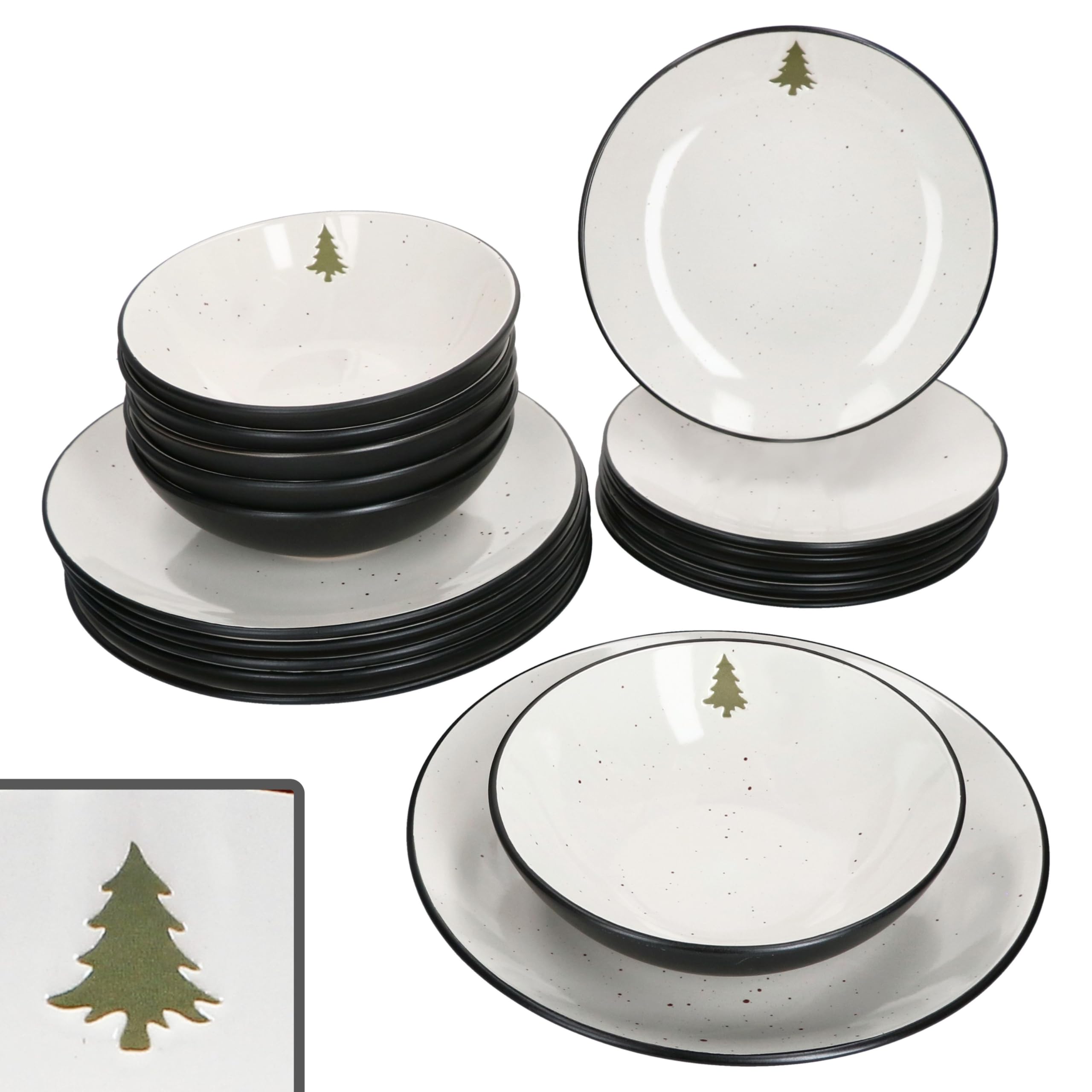 18tlg Tellerset Christmas Panther I Geschirr-Set aus Steingut I Creme mit Tanne & matt schwarzer Unterseite I je 6x Kuchenteller, 6x Suppenteller & 6x Speiseteller I Weihnachten