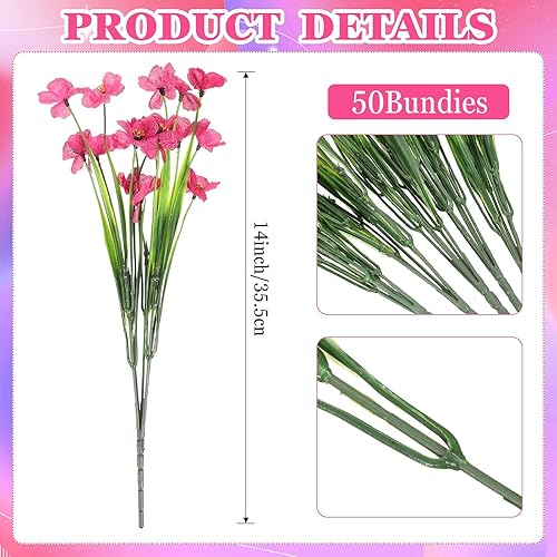 Vista 3 de Lyrow 100 paquetes de flores artificiales violetas, flores sintéticas resistentes a los rayos UV para exteriores, flores de seda sintética, flores