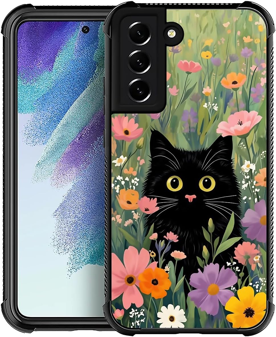 Compatible with Samsung Galaxy S22 Case Non Slip Screen Lens Protection Case for Girl Boy Cute Pattern Colorful Flower Grass Garden Cute Black Cat