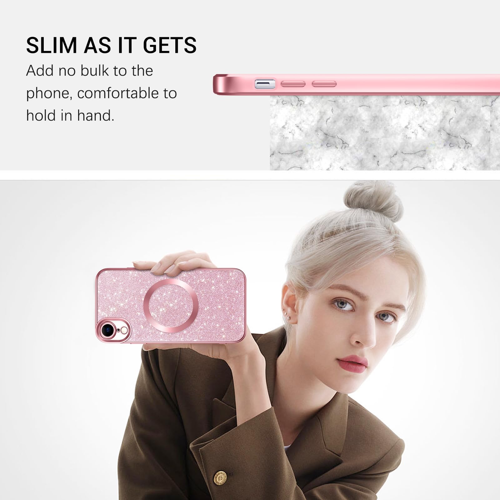 YINLAI Custodia per iPhone XR, compatibile con MagSafe, con glitter da 6,1 pollici, con custodia magnetica antiurto in morbido TPU, colore rosa/rosa