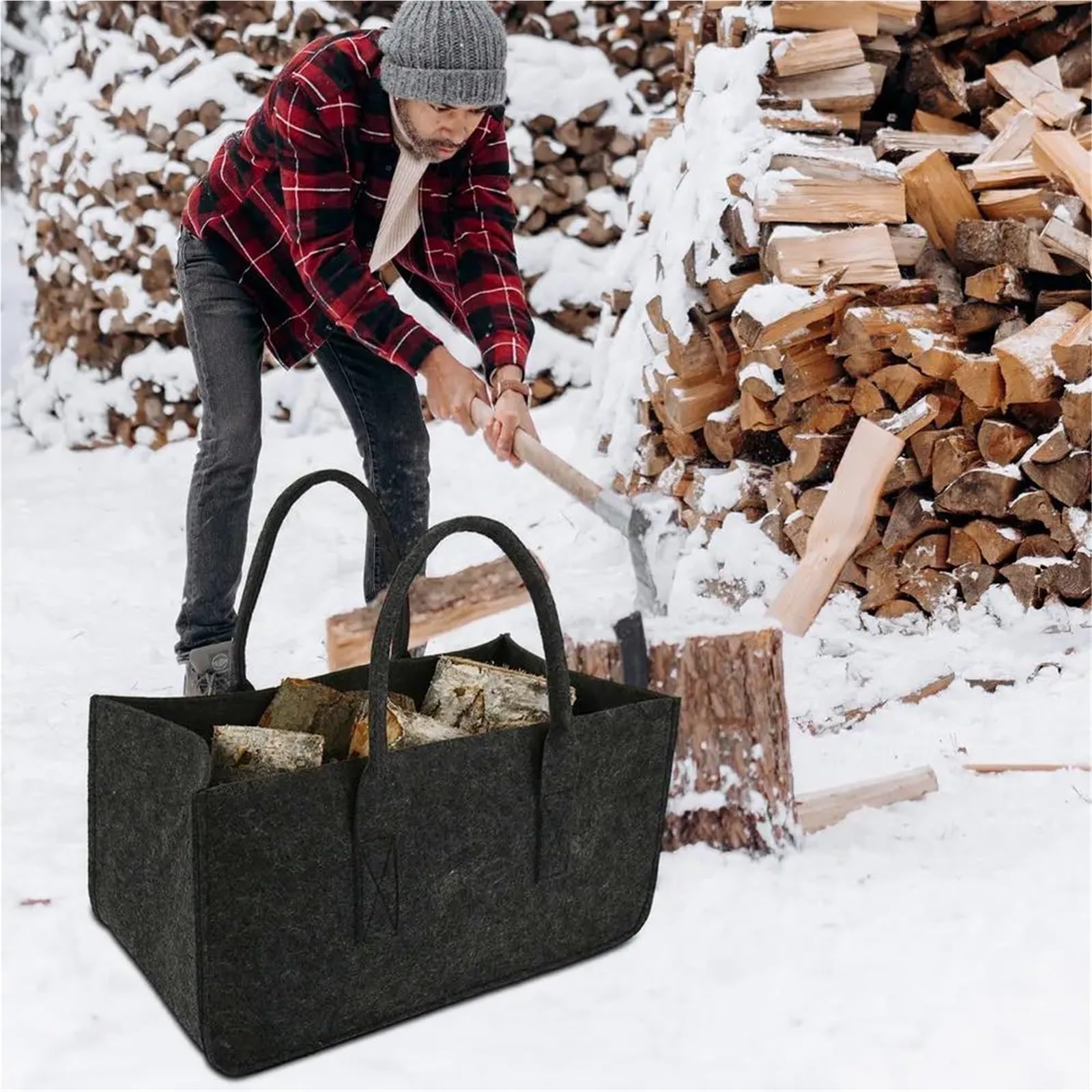 Holztragetasche for Brennholz, Filz, Brennholzkorb, Holztasche, Träger mit Tragegriffen, rechteckige Kaminholztasche FüR Brennholz