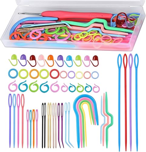 UzecPk Juego de 62 agujas de hilo, kit de accesorios de tejer, kit de agujas romas de ojo grande con aguja de tapiz doblada, aguja de tejer de