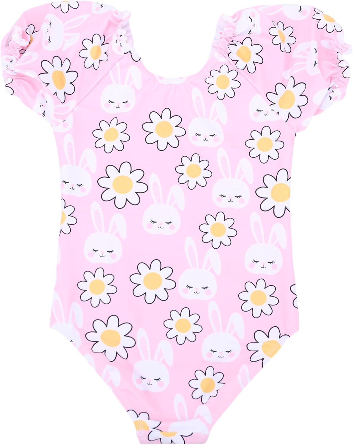 LIZENS Girls' One-Piece Swimwear Adorable Bunny Rabbit Puff Sleeve Tropical Floral Girls Bathing Suit