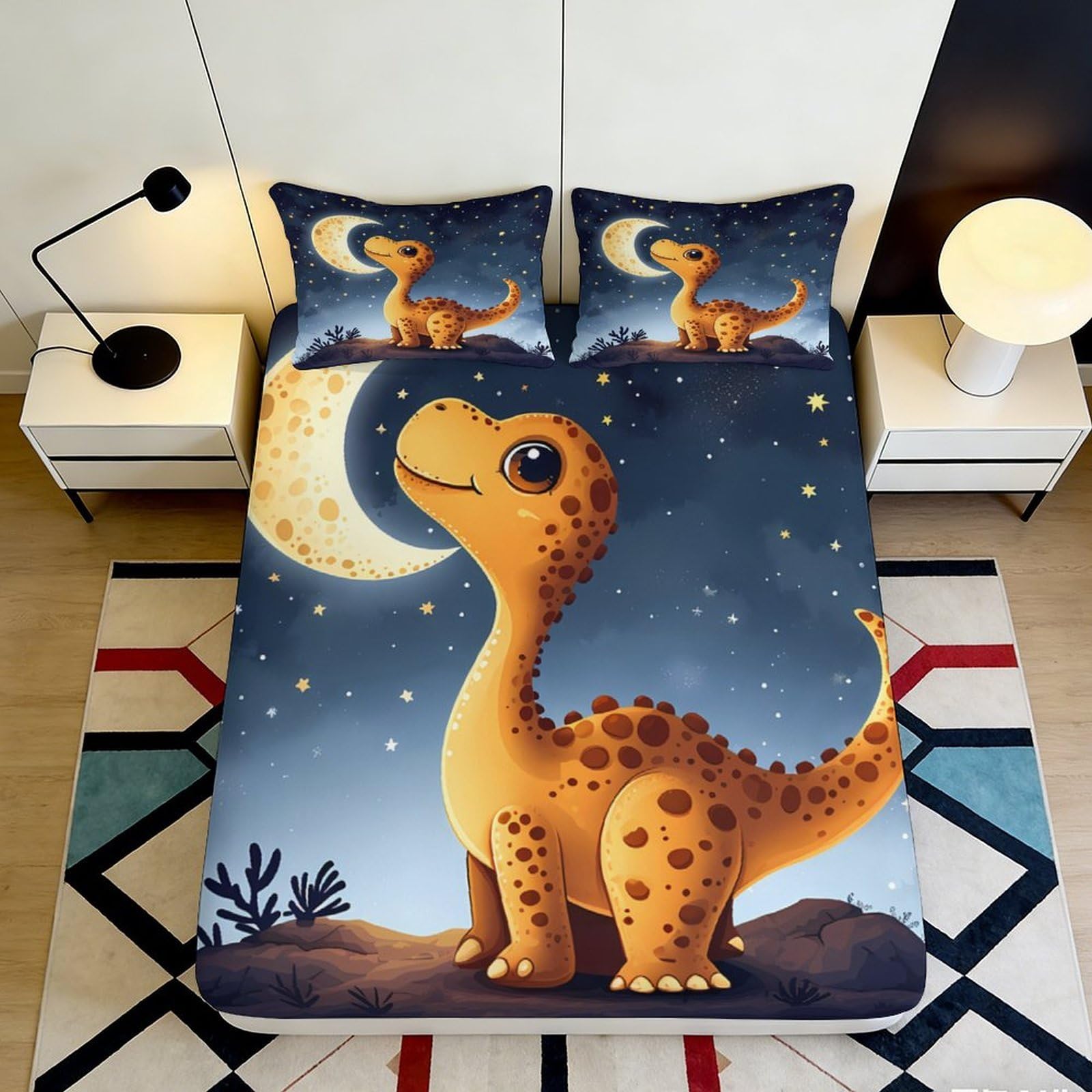 3D Printed Dinosaur Moon Fitted Sheet Microfiber Anti-Slip Bed Cover for Bedroom Guest Room Easy Care Decor 90x200x25cm
