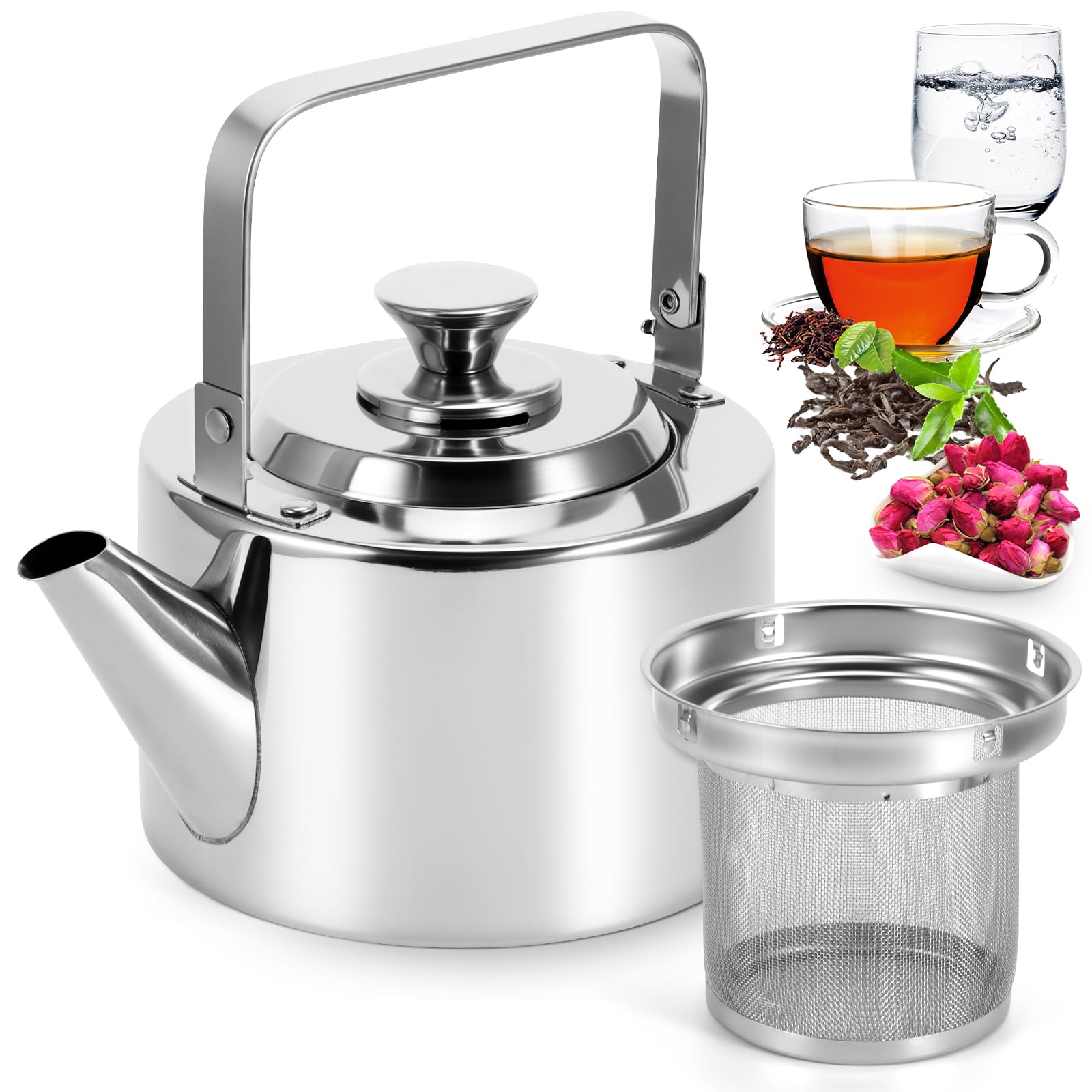 1.5l Teekanne Edelstahl, Wasserkessel Gasherd Induktion mit Sieb Teekessel Wasserkessel Camping, Edelstahl Teekessel für Elektroherd und Gasherd für Filterkaffee, French Press, Teekocher